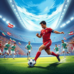 A highly detailed illustration of a football match between Ronaldo and an Iranian team