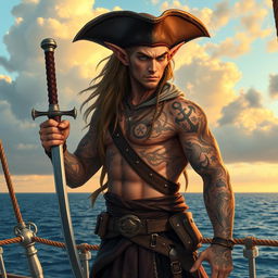 A fierce elven pirate with intricate tattoos covering their arms and neck, standing confidently on a ship deck with the ocean in the background