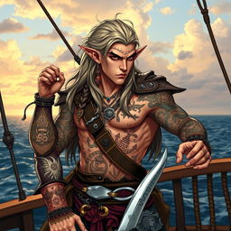 A fierce elven pirate with intricate tattoos covering their arms and neck, standing confidently on a ship deck with the ocean in the background