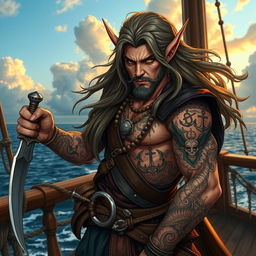 A fierce elven pirate with intricate tattoos covering their arms and neck, standing confidently on a ship deck with the ocean in the background