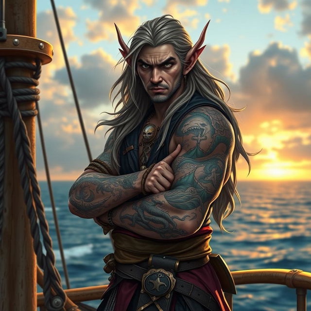 A fierce elven pirate with intricate tattoos covering their arms and neck, standing confidently on a ship deck with the ocean in the background