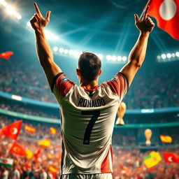 A dynamic and exciting scene depicting Cristiano Ronaldo celebrating a triumphant moment at the World Cup