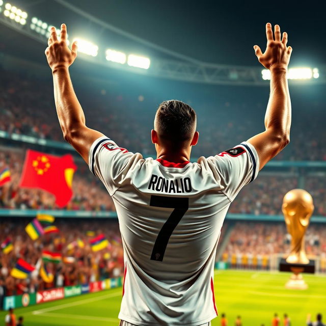 A dynamic and exciting scene depicting Cristiano Ronaldo celebrating a triumphant moment at the World Cup