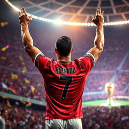 A dynamic and exciting scene depicting Cristiano Ronaldo celebrating a triumphant moment at the World Cup