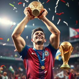 A dynamic and powerful portrait of a male soccer player resembling a famous athlete, celebrating victory after winning the World Cup