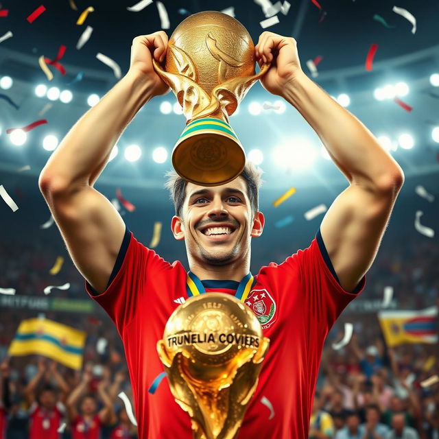 A dynamic and powerful portrait of a male soccer player resembling a famous athlete, celebrating victory after winning the World Cup