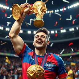 A dynamic and powerful portrait of a male soccer player resembling a famous athlete, celebrating victory after winning the World Cup