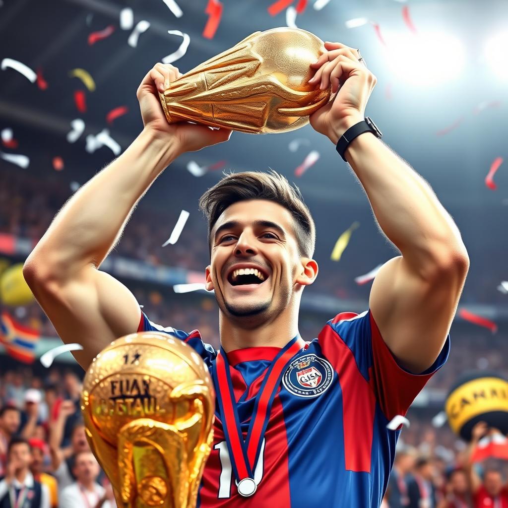 A dynamic and powerful portrait of a male soccer player resembling a famous athlete, celebrating victory after winning the World Cup