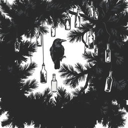 A striking black and white brush-style illustration featuring a large pine tree dominating the image