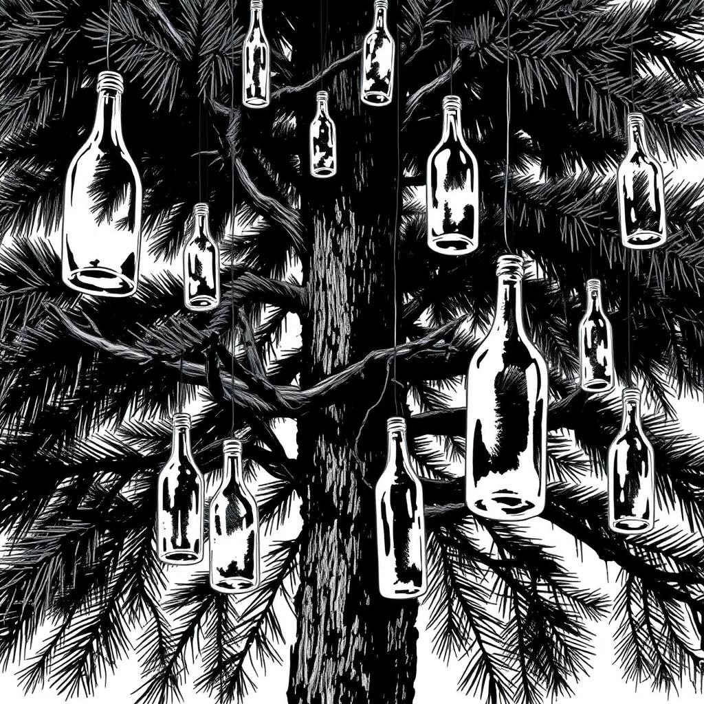 A striking black and white brush-style illustration featuring a large pine tree dominating the image