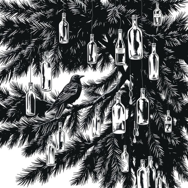 A striking black and white brush-style illustration featuring a large pine tree dominating the image