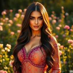 A beautiful and alluring Persian woman with long, dark hair and striking features, wearing an elegant, form-fitting traditional Persian dress that accentuates her curves