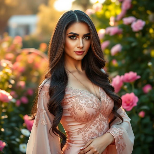 A beautiful and alluring Persian woman with long, dark hair and striking features, wearing an elegant, form-fitting traditional Persian dress that accentuates her curves