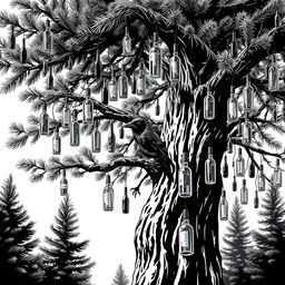 A captivating black and white illustration showcasing a large pine tree that dominates the picture
