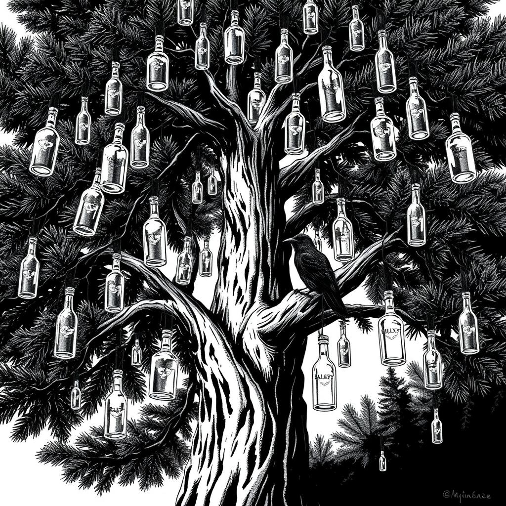 A captivating black and white illustration showcasing a large pine tree that dominates the picture