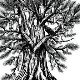 A captivating black and white illustration showcasing a large pine tree that dominates the picture