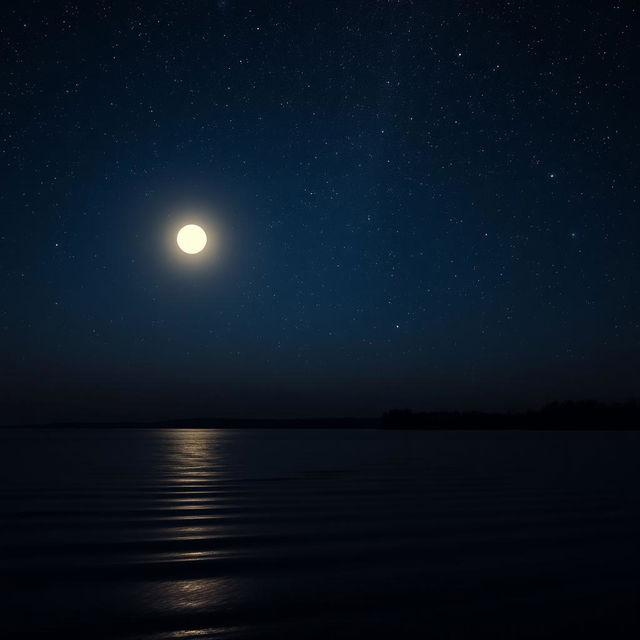 A serene night sky filled with twinkling stars over a tranquil lake