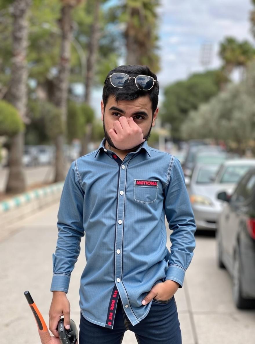 A young man walking down a picturesque street lined with palm trees, wearing an ironed olive green shirt and stylish sunglasses resting on his head