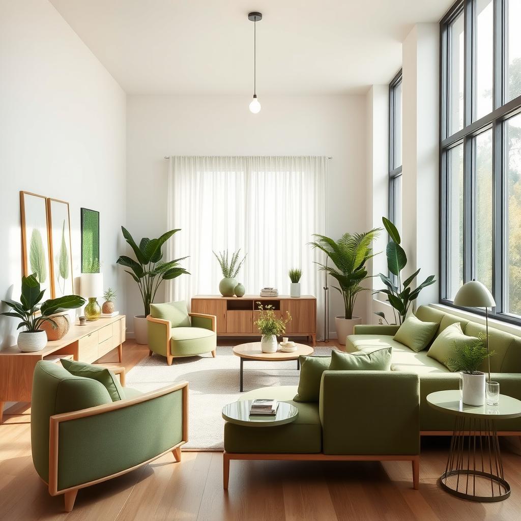 A beautifully designed, minimalistic interior space with stylish green decor elements