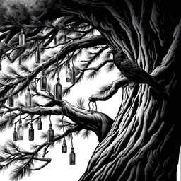 A dramatic black and white illustration featuring a large pine tree with its expansive branches extending across the canvas