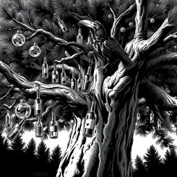 A dramatic black and white illustration featuring a large pine tree with its expansive branches extending across the canvas