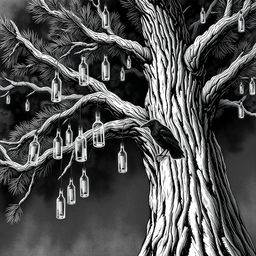 A dramatic black and white illustration featuring a large pine tree with its expansive branches extending across the canvas
