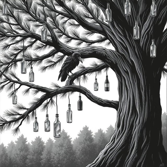 A dramatic black and white illustration featuring a large pine tree with its expansive branches extending across the canvas