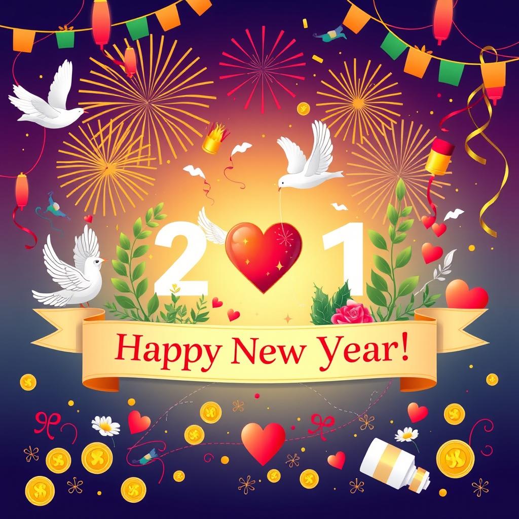A vibrant and festive New Year greeting card illustration, featuring symbols of peace such as doves and olive branches, prosperity represented by golden coins and growing plants, and good health depicted with a vibrant heart and medical symbols