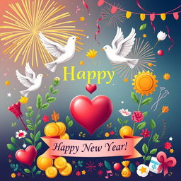 A vibrant and festive New Year greeting card illustration, featuring symbols of peace such as doves and olive branches, prosperity represented by golden coins and growing plants, and good health depicted with a vibrant heart and medical symbols