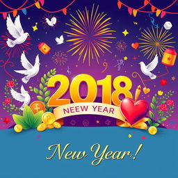 A vibrant and festive New Year greeting card illustration, featuring symbols of peace such as doves and olive branches, prosperity represented by golden coins and growing plants, and good health depicted with a vibrant heart and medical symbols