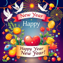 A vibrant and festive New Year greeting card illustration, featuring symbols of peace such as doves and olive branches, prosperity represented by golden coins and growing plants, and good health depicted with a vibrant heart and medical symbols