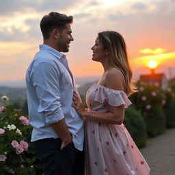 A romantic scene featuring two adults standing close to each other, both of equal height, with a beautiful sunset in the background