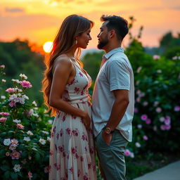 A romantic scene featuring two adults standing close to each other, both of equal height, with a beautiful sunset in the background