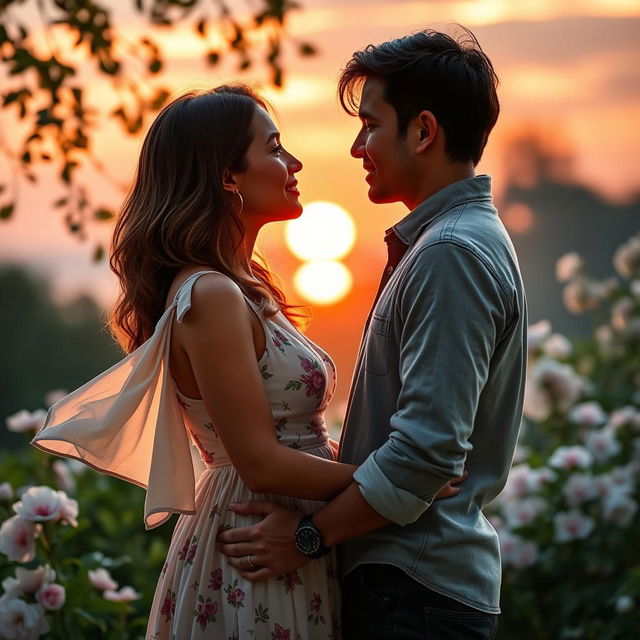 A romantic scene featuring two adults standing close to each other, both of equal height, with a beautiful sunset in the background