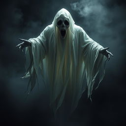 A scary ghost with a haunting expression, shrouded in tattered, flowing robes that convey a sense of eerie movement
