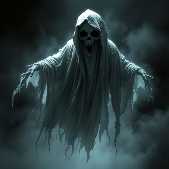 A scary ghost with a haunting expression, shrouded in tattered, flowing robes that convey a sense of eerie movement