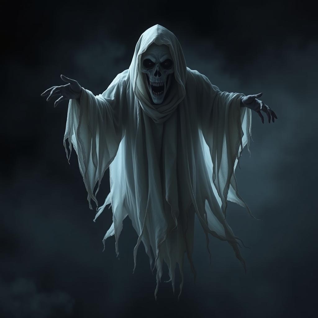 A scary ghost with a haunting expression, shrouded in tattered, flowing robes that convey a sense of eerie movement