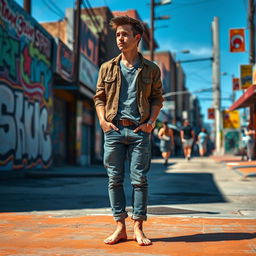 A detailed scene featuring a man standing confidently in a casual outfit, surrounded by a vibrant urban environment