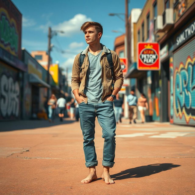 A detailed scene featuring a man standing confidently in a casual outfit, surrounded by a vibrant urban environment