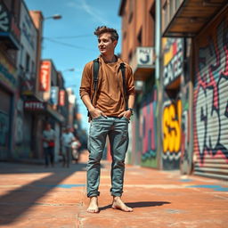 A detailed scene featuring a man standing confidently in a casual outfit, surrounded by a vibrant urban environment