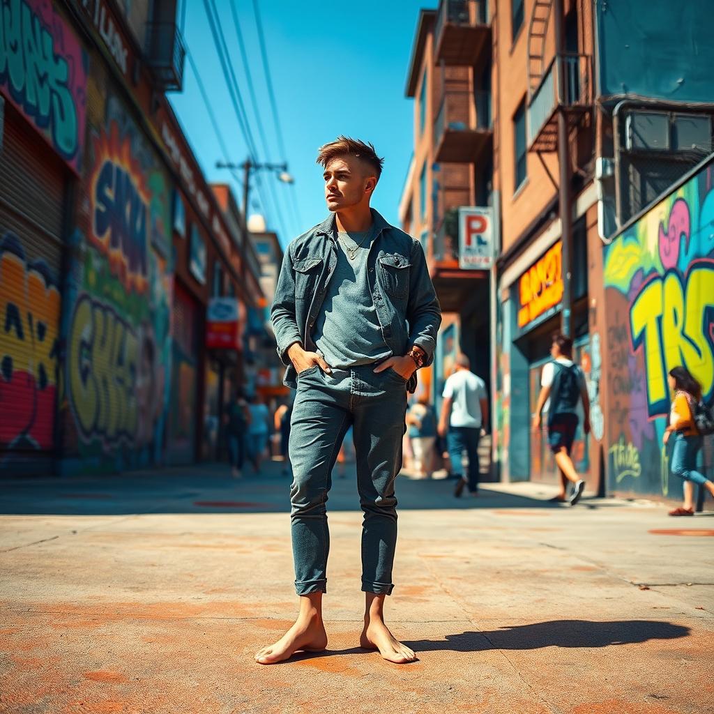 A detailed scene featuring a man standing confidently in a casual outfit, surrounded by a vibrant urban environment