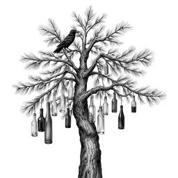 An artistic black and white illustration of a pine tree, its branches extending outward and adorned with various hanging glass bottles