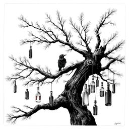 An artistic black and white illustration of a pine tree, its branches extending outward and adorned with various hanging glass bottles