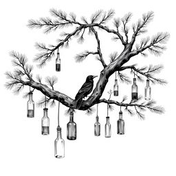 An artistic black and white illustration of a pine tree, its branches extending outward and adorned with various hanging glass bottles