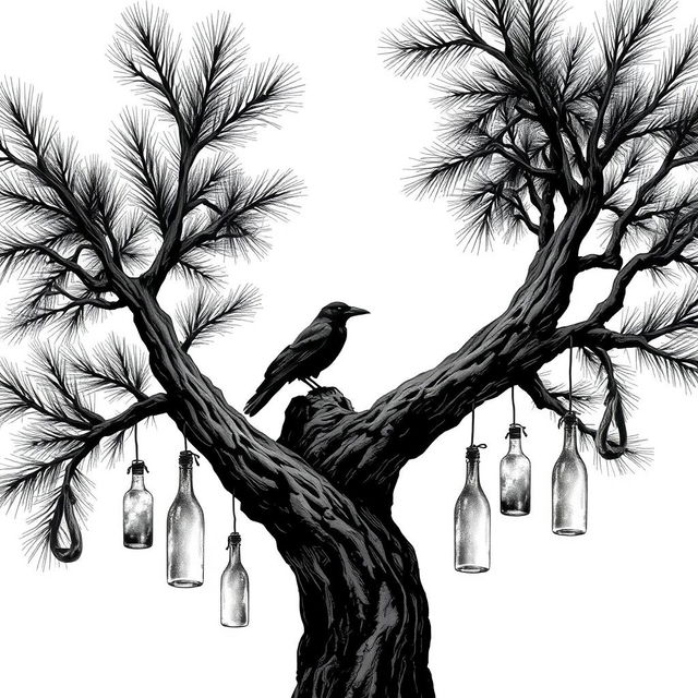 An artistic black and white illustration of a pine tree, its branches extending outward and adorned with various hanging glass bottles