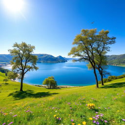 A serene landscape featuring a clear blue lake surrounded by lush green hills with vibrant wildflowers in shades of purple and yellow scattered across the meadow