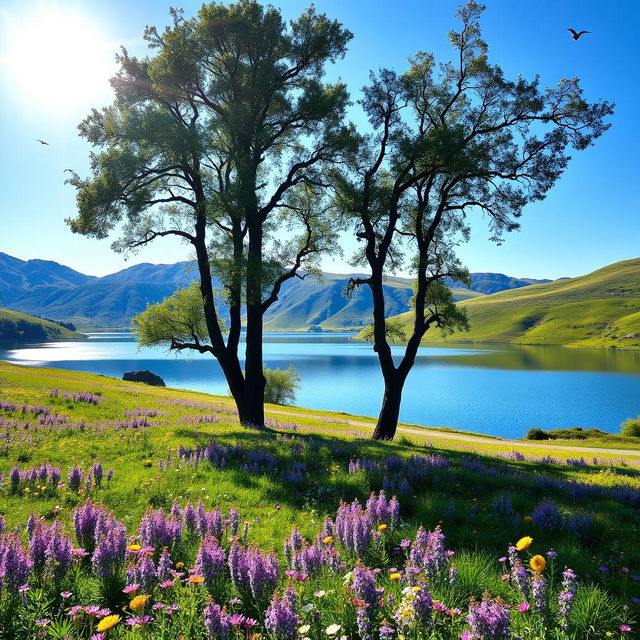 A serene landscape featuring a clear blue lake surrounded by lush green hills with vibrant wildflowers in shades of purple and yellow scattered across the meadow