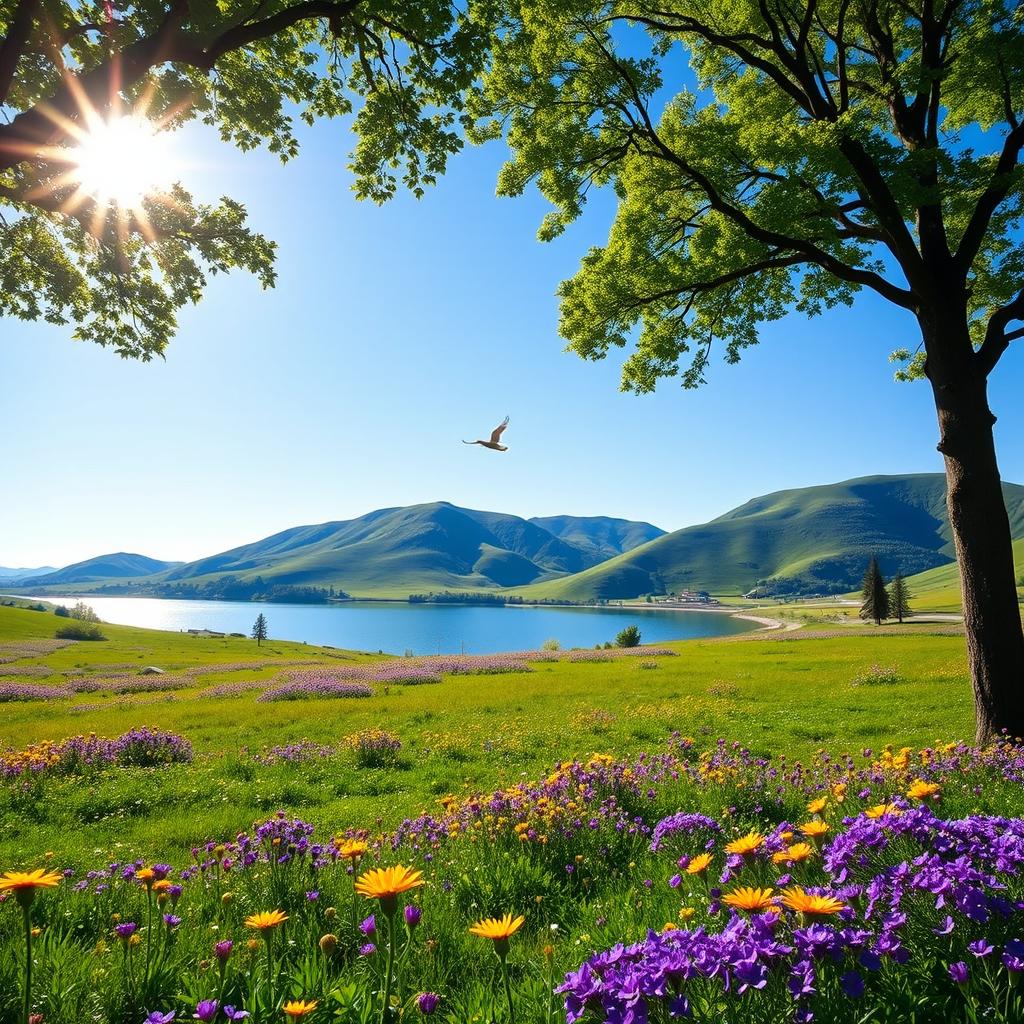 A serene landscape featuring a clear blue lake surrounded by lush green hills with vibrant wildflowers in shades of purple and yellow scattered across the meadow