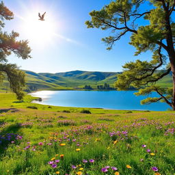 A serene landscape featuring a clear blue lake surrounded by lush green hills with vibrant wildflowers in shades of purple and yellow scattered across the meadow