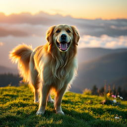 A majestic golden retriever standing proudly on a lush green hill during sunrise, golden light illuminating its fur, the dog has a joyful expression and its tail is wagging